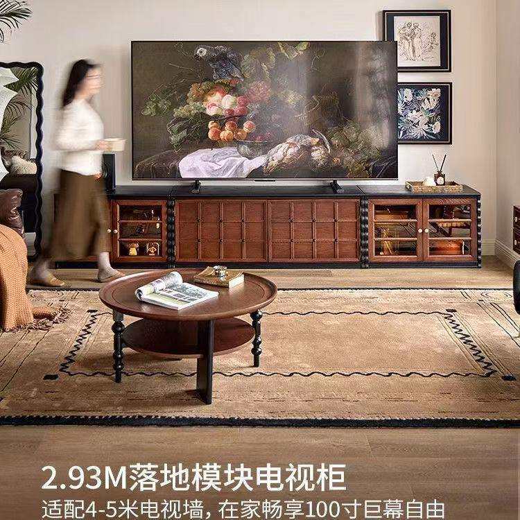 全实木棋盘格柜法式复古电视柜家用储物柜多功能落地柜子置物柜