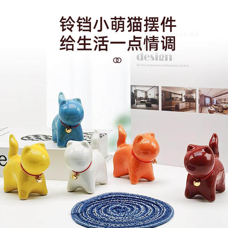 网红陶瓷铃铛小猫咪茶玩摆件轻奢桌面装饰可爱茶宠猫工艺品摆件