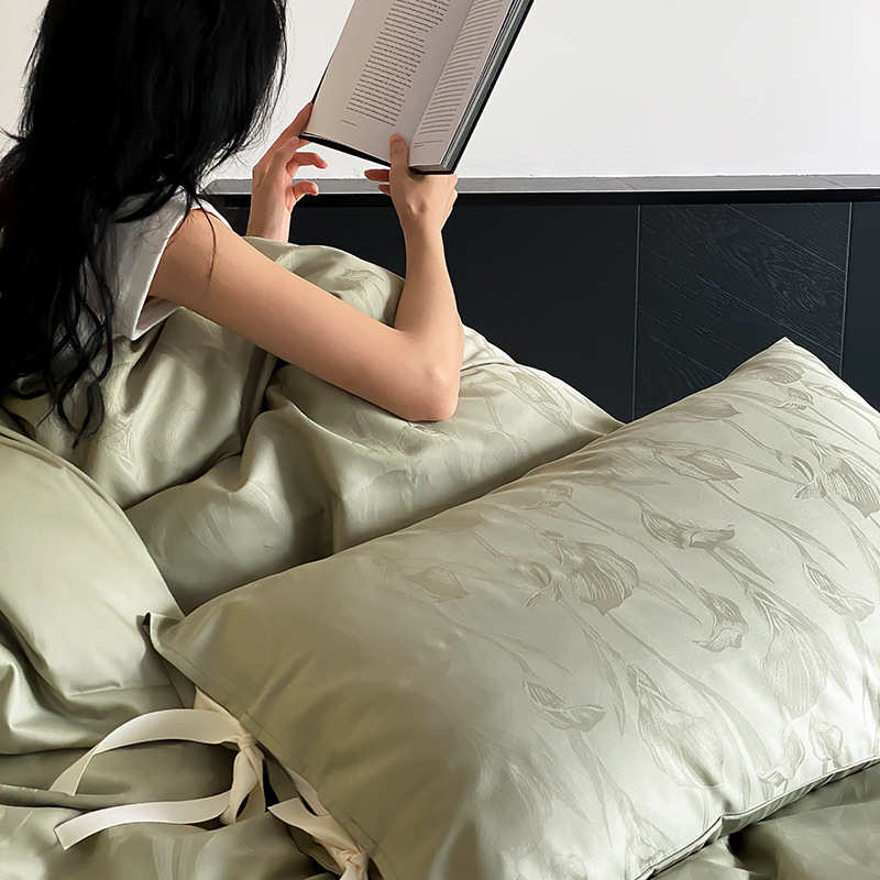 100棉感被套蝴蝶结贡缎高级四季全支品四件套床轻长绒棉奢床单