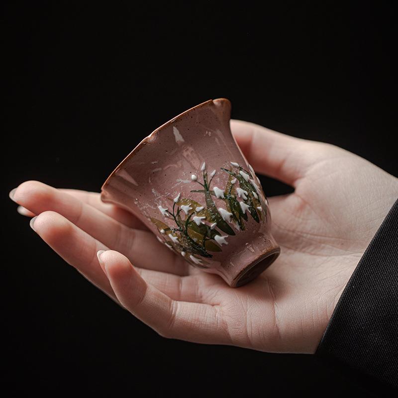 弥言纯手工粗陶花口花瓣茶杯家用主人杯纯手绘单杯日式品茗杯复古