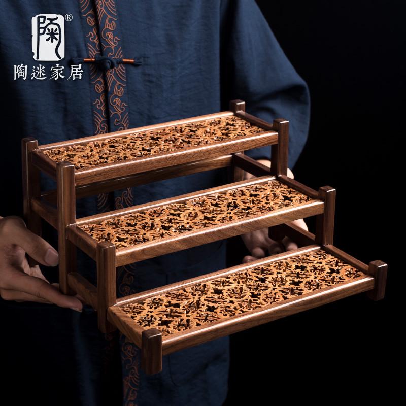 多家居实木摆件陶宝手工展示架迷桌面茶具博古架阁古董切割核桃木