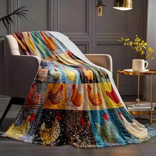 Plush Plaid Rooster Print Blanket Lightweight Warm Chicken