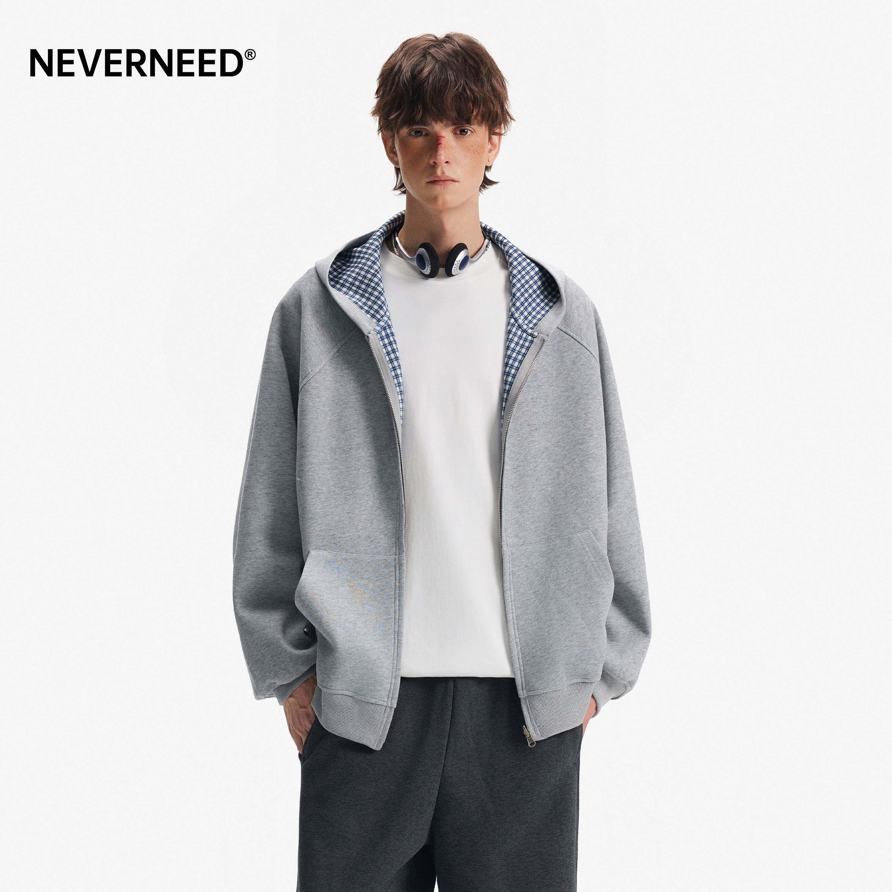 NEVERNEED双面穿格纹连帽卫衣男女春季美式潮牌宽松拉链开衫外套图片