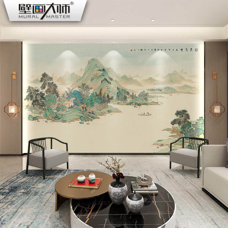 2025新中式壁布电视背景墙壁纸书房饭店3d写意山水墨壁纸硬包壁画