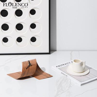 现代轻奢木纹金属卷片座钟样板间摆件办公室客厅桌面创意时钟装饰