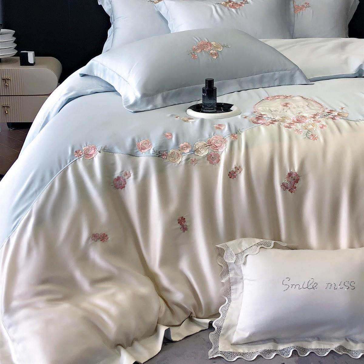 高端超柔长绒棉贡缎全棉四件套玫瑰刺绣柔软亲肤被套1.8m床上用品
