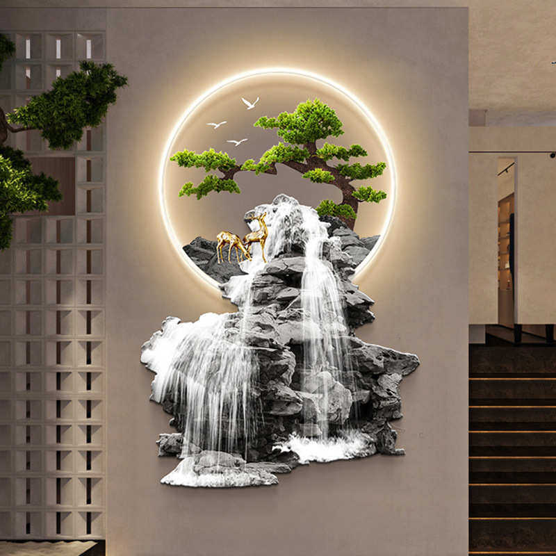 流水生财玄关装饰画带灯新中式麋鹿走廊过道挂件画迎客松发光壁饰