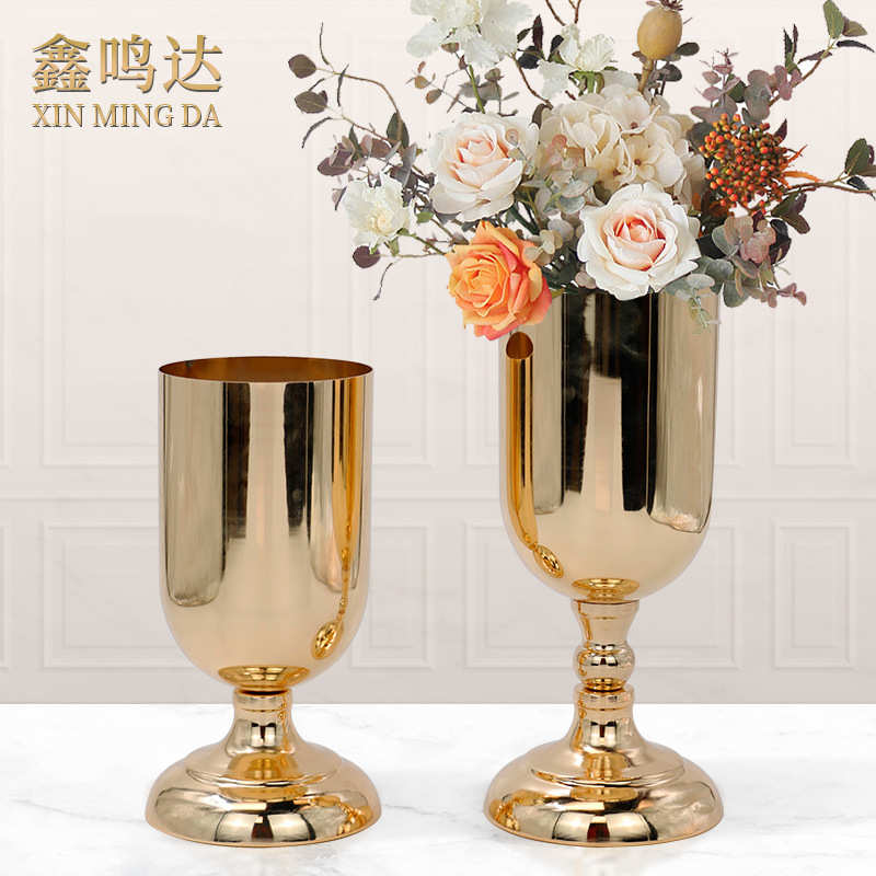 桌艺欧式花瓶主铁插花酒杯摆件器婚礼器餐厅道具造型婚庆金色桌花