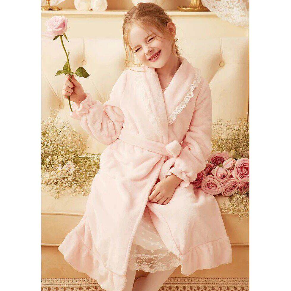 Vintage Toddler Girls Lace Flannel Bathrobe Children