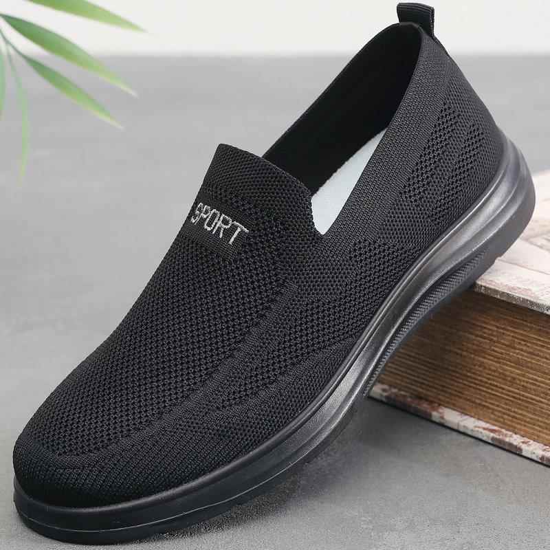 春秋老北京男单鞋透气飞织一脚蹬黑色爸爸休闲鞋防滑轻软底老人鞋