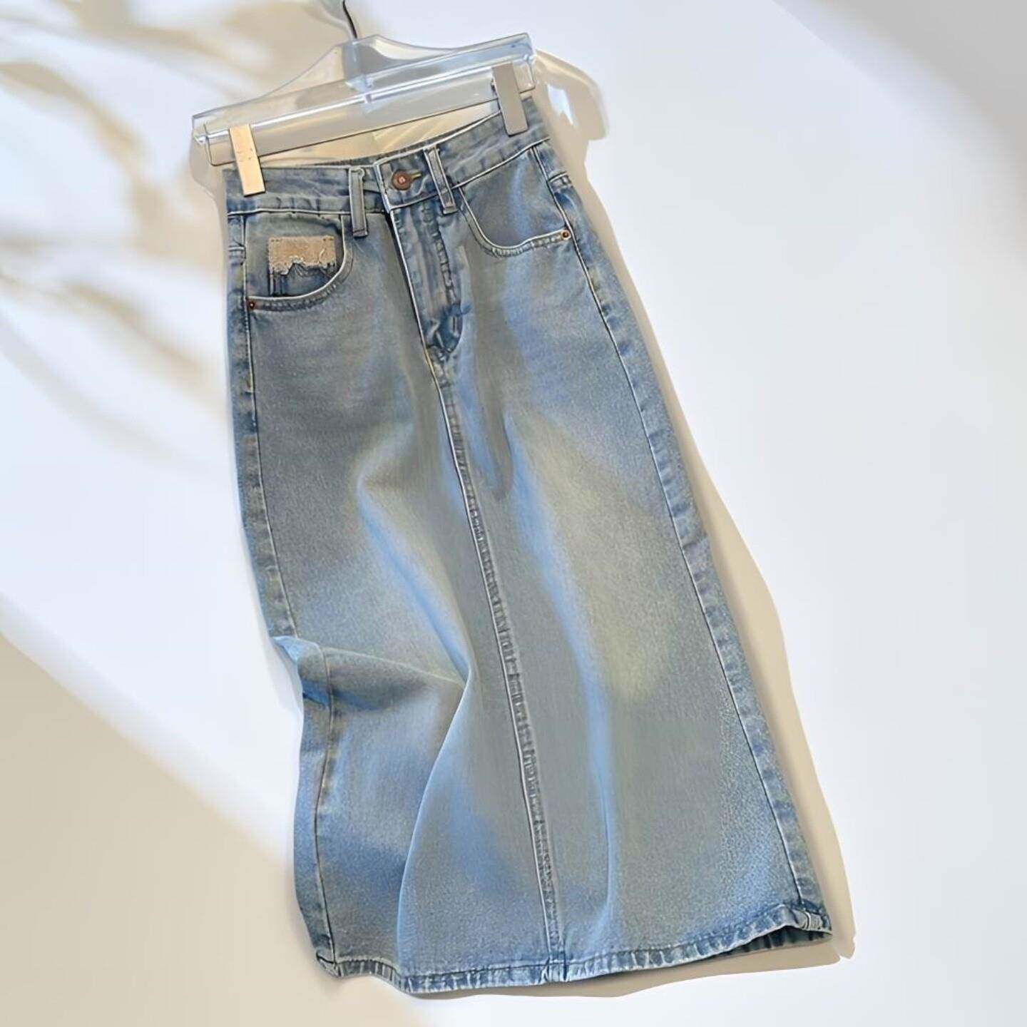 浅色牛仔半身裙女春夏2026新款今年流行高腰显瘦开叉a字包臀裙子