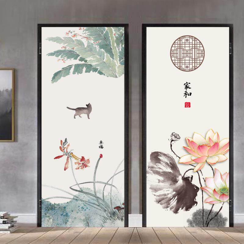 新中式禅意荷花花鸟门贴纸整张饭店饭厅茶室装饰贴画 画衣柜门玻