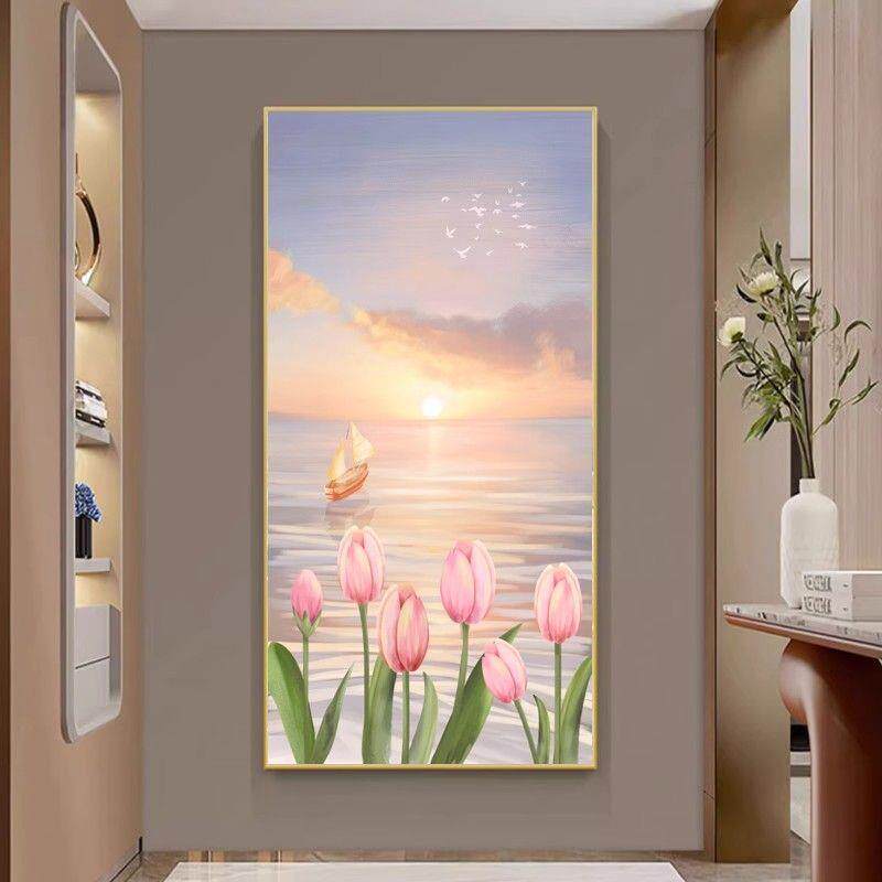 新款直销一帆风顺玄关装饰画客厅入户楼梯挂画郁金香花海日出走廊