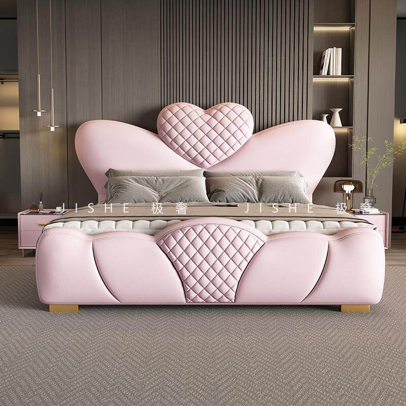真皮床现代轻奢高档主卧大床软包爱心床双人床粉色女孩子结婚婚床