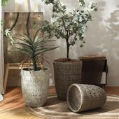 复古镁泥仿树皮纹高柱形花盆家居庭院酒店商场大厅装 饰绿植大号盆