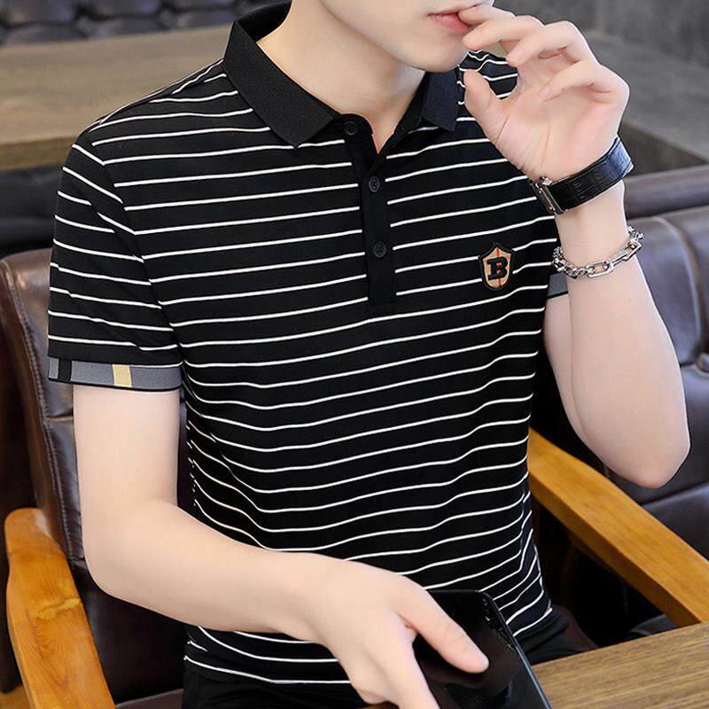 条纹polo衫男短袖夏季薄款高端纯棉男士商务休闲冰丝翻领T恤男潮
