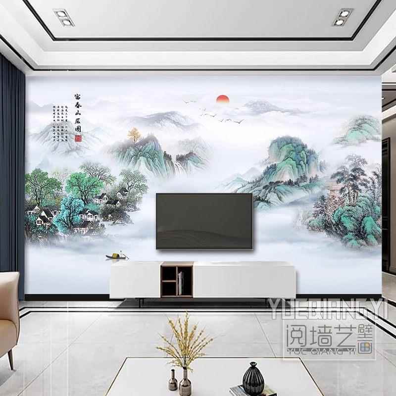 新中式山水画电视背景墙壁纸客厅大气壁布3d立体壁画定制影视墙布