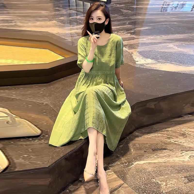 香港代购时尚短袖连衣裙女夏季新款时尚A字裙宽松显瘦休闲中长裙