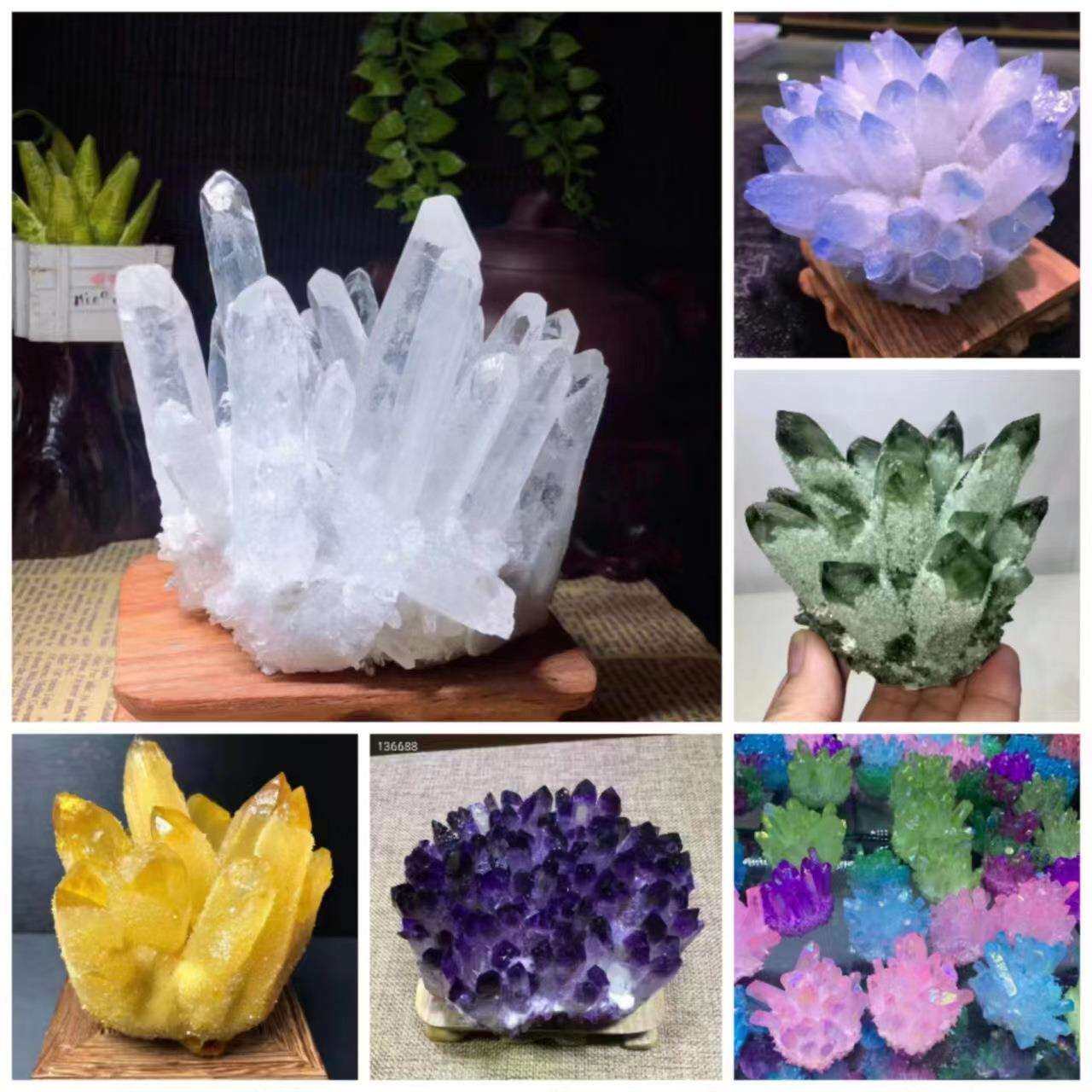 白水晶簇摆件黄水晶紫水晶绿幽灵彩色水晶花原石水晶柱能量石消磁