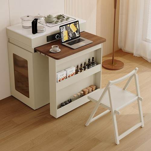 奶油风岛台餐桌一体家用小户型可折叠伸缩饭桌2025新款实木餐桌椅