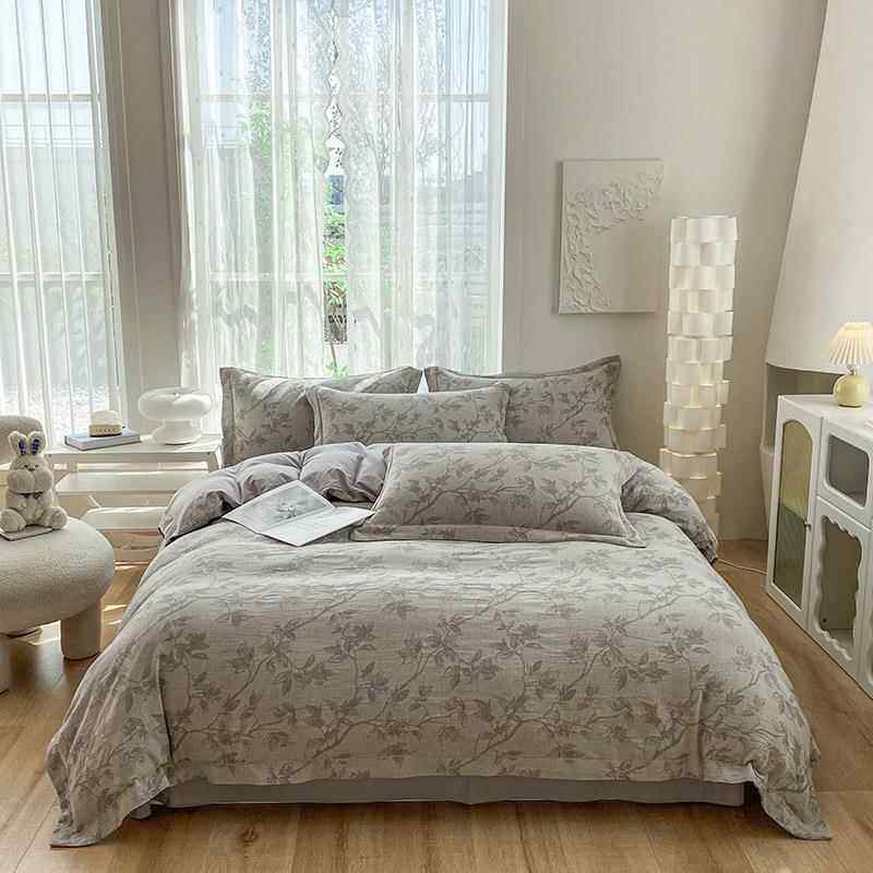 新款全棉水洗色织双层纱大提花床单款四件套轻奢大气双人家用