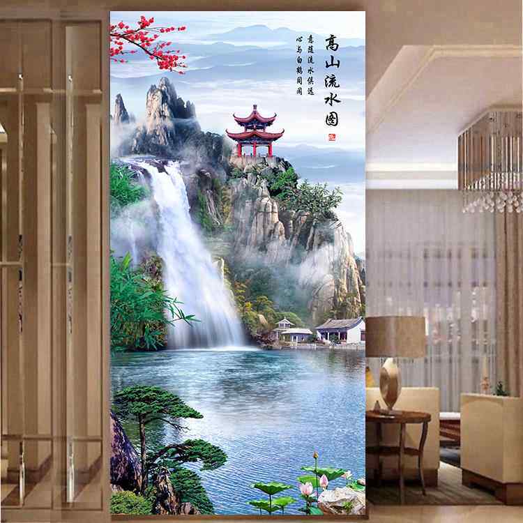 山水瀑布高山流水图竖版玄关装饰画风水招财墙贴壁挂画自粘定制