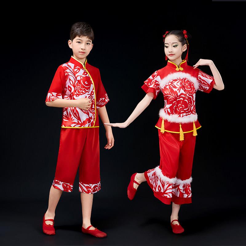 新款六一儿童演出服秧歌舞喜庆民族开门红幼儿唱响盛世欢腾中国红