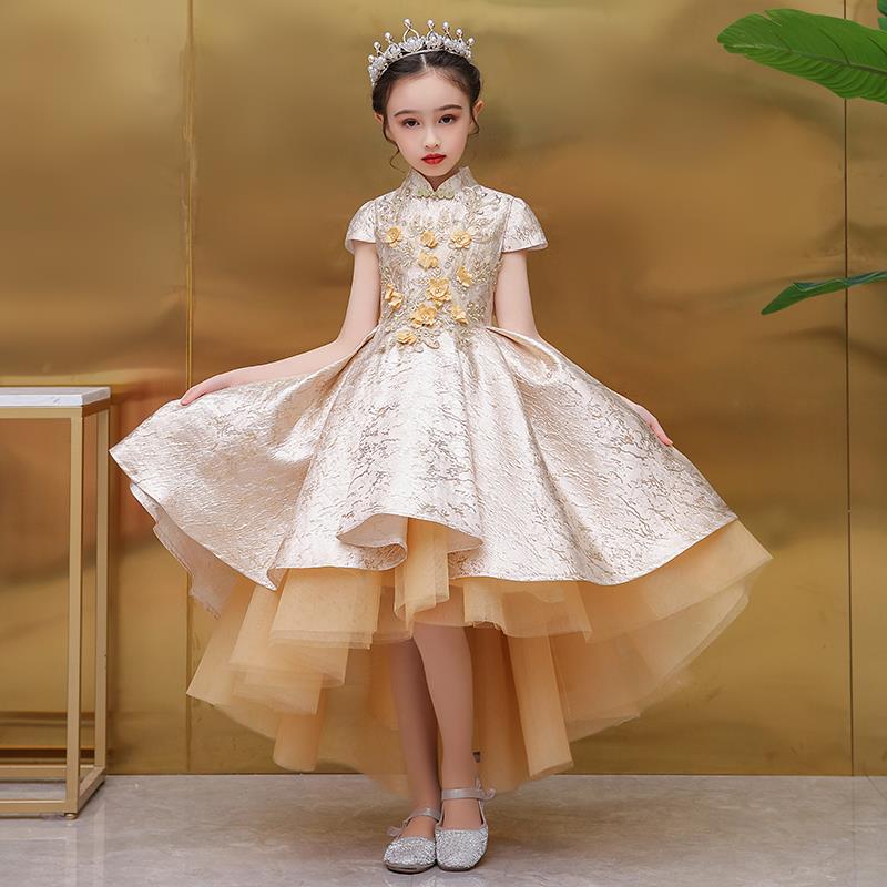 高档女童晚礼服中国风演公前短后长主裙儿童走秀小女孩主持人琴出