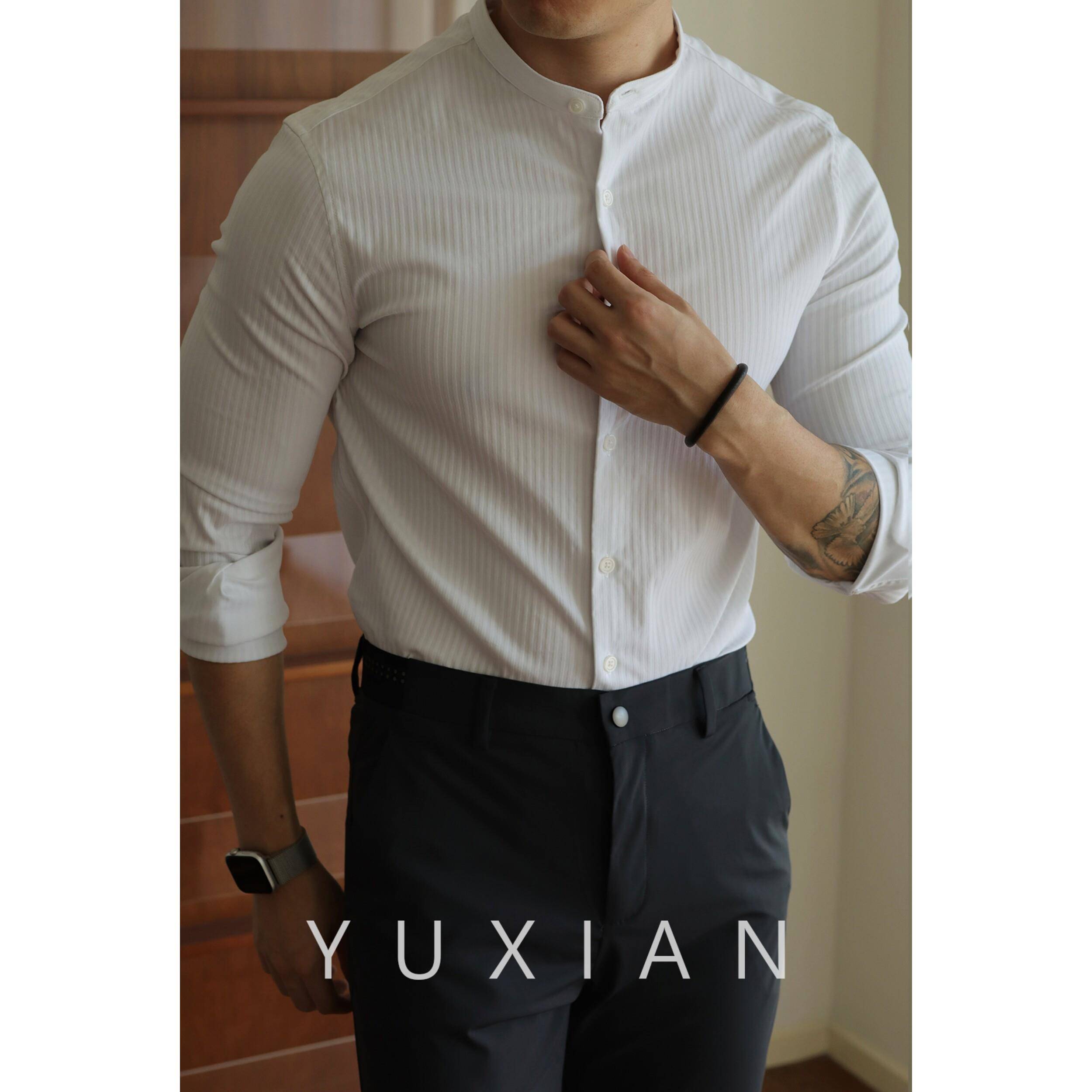 YUXIAN余 余闲 暗条纹色织抗皱男士长袖衬衫微弹修身休闲 商务正