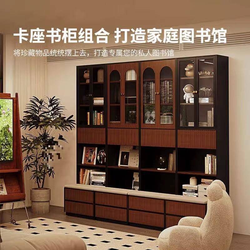 复古风卡座书柜组合整墙一体落地玻璃书架文件展示柜满墙到顶