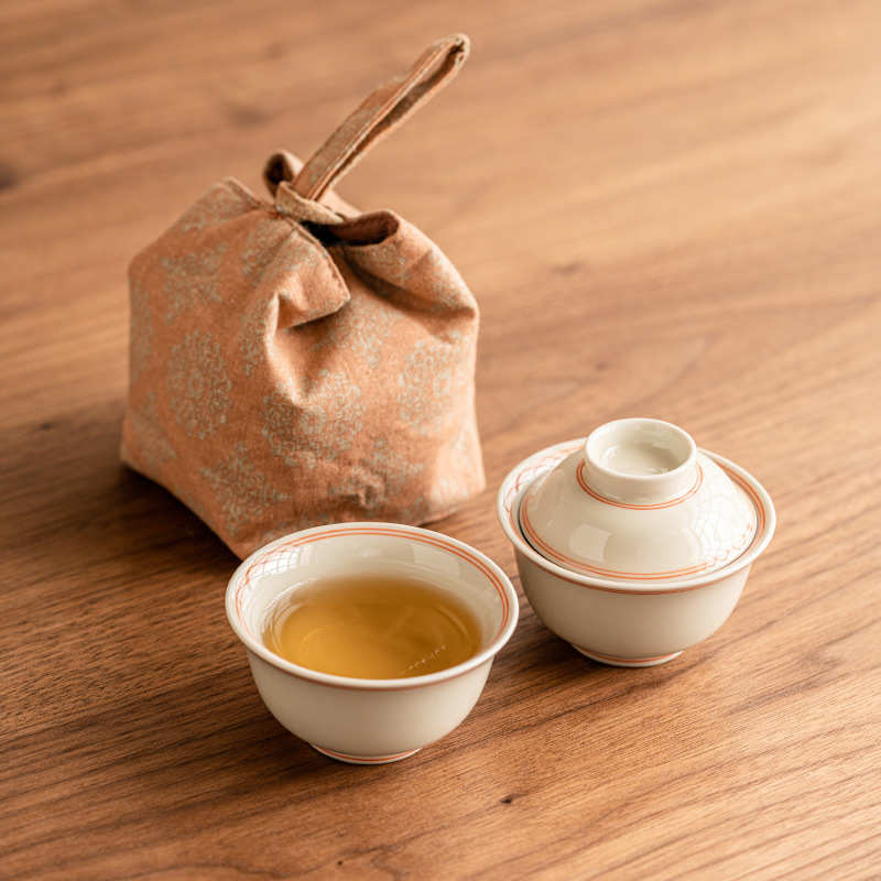 手绘双线盖碗茶杯一人茶具便携式户外旅行包中式陶瓷泡茶一壶一杯