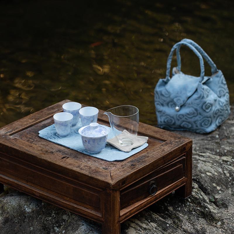 花开茶靡蓝色盖碗陶瓷功夫茶具一壶三杯玻璃公杯布包旅行便携套组