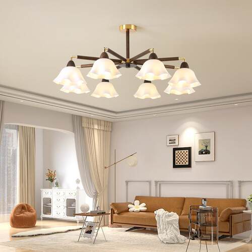 中古客厅灯吊灯LED实木主人房卧室吊灯复古胡桃木色餐厅吊灯灯具