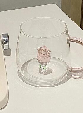 玫瑰花杯子高级感轻奢透明玻璃