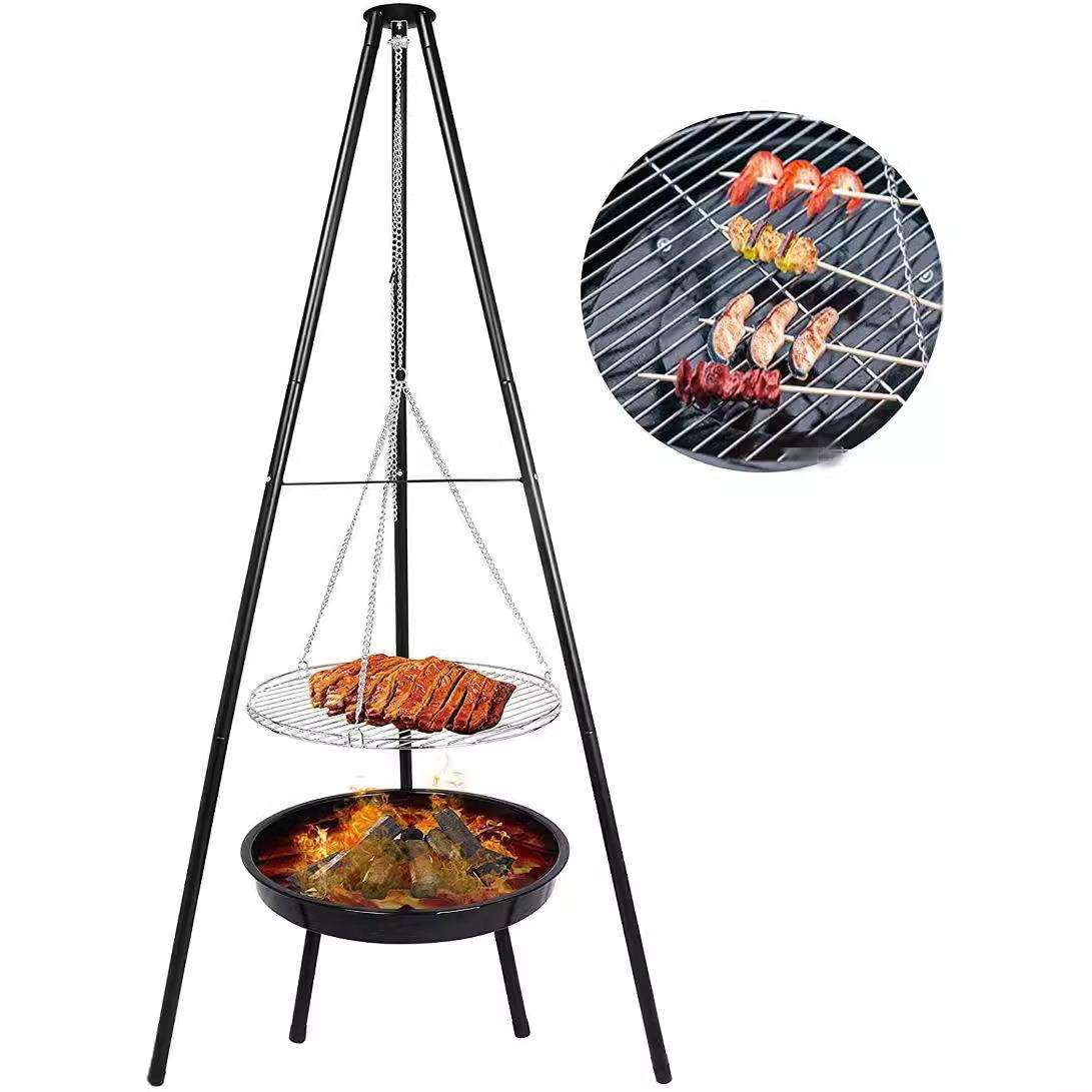 跨境热销户外三脚架烧烤炉庭院火盆取暖炉露营bbq篝火炉三角吊炉