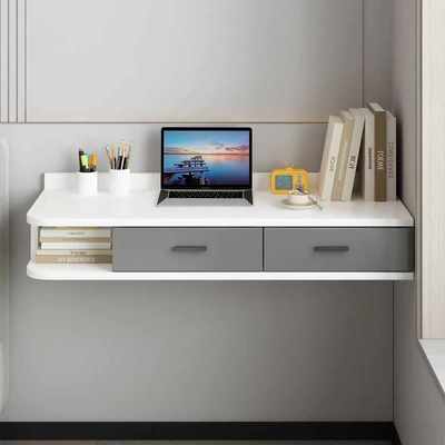 悬空书桌家用学生写字桌实木一体书架笔记本电脑桌卧室悬挂床头桌