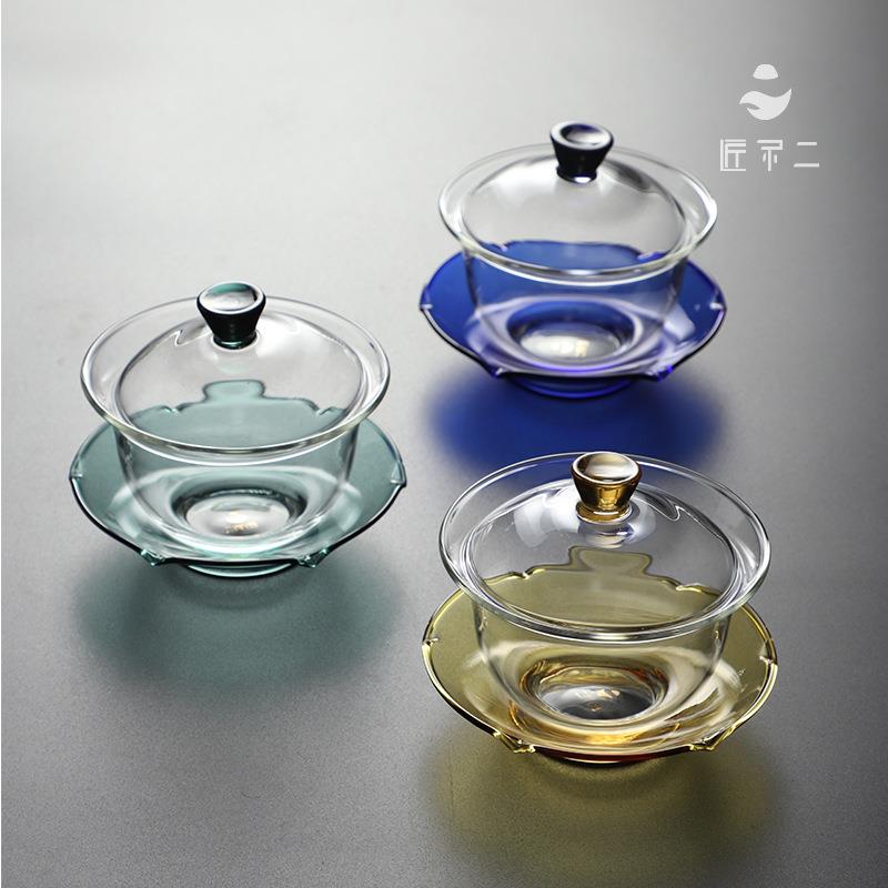 匠不二玻璃盖碗荷叶纹茶盖碗耐热加厚盖碗大号玻璃三才盖碗玻璃杯