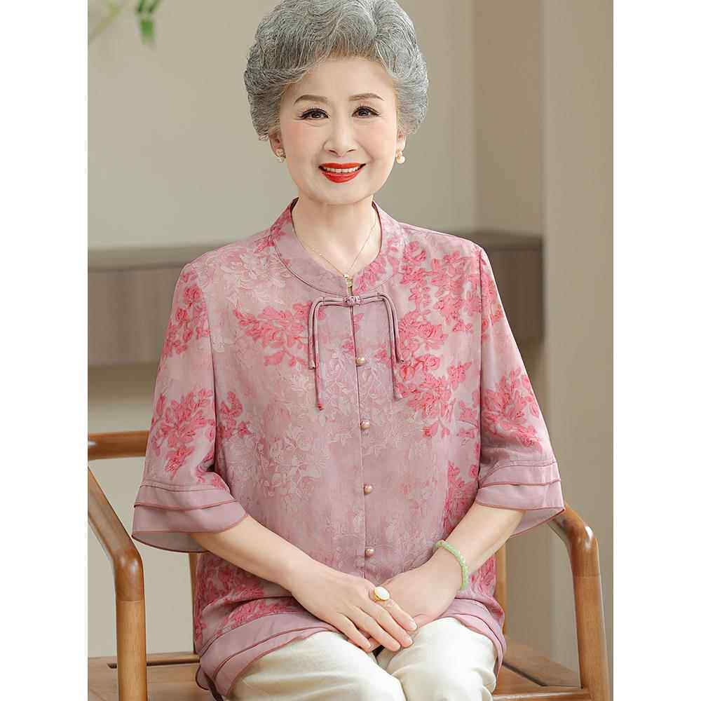 【%桑蚕丝】中老年人奶奶夏季桑蚕丝衬衫女式短袖丝绸民族风上衣