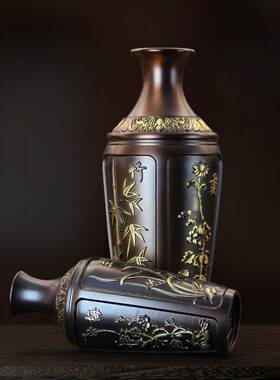 直销新款黄铜梅兰竹菊花瓶客厅书房玄关创意铜摆件铜工艺品