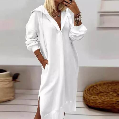 Long pullover hoodie with split hem and hooded knitted