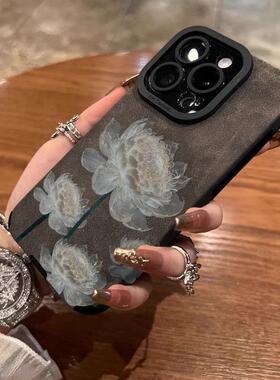 白色莲花适用苹果15手机壳14/1pro翻毛皮12硅胶高级11精孔防摔XR新款适用于苹果17promax手机壳iphone16巨好