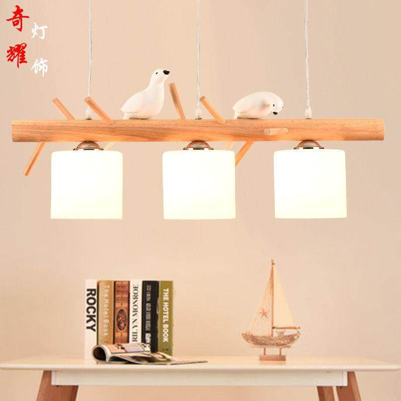 现代简约三头餐厅吊灯北欧led卧室饭厅茶室个性创意实木小鸟吊灯