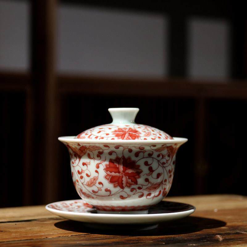 矾红缠枝莲盖碗茶杯大号青花瓷敬茶碗陶瓷覆古三才杯中式泡茶器