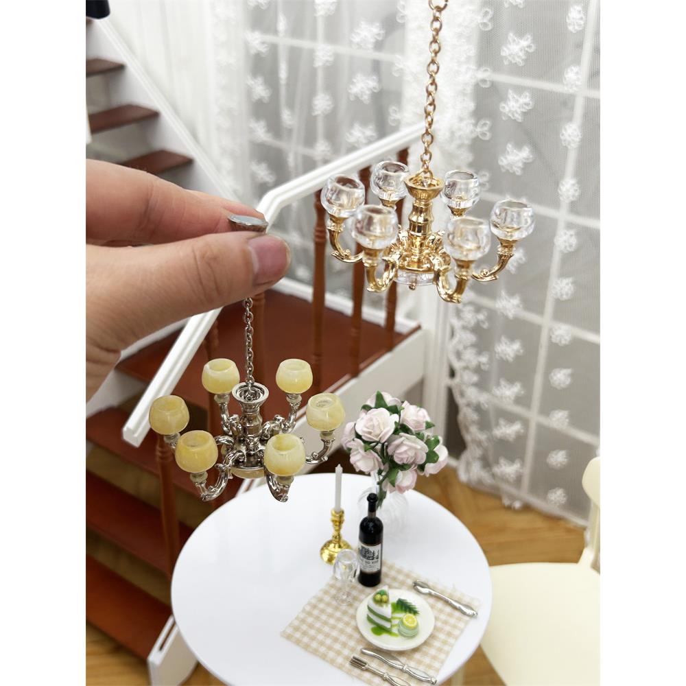 吊灯 复古欧式灯具1:12娃娃屋场景装饰摆件拍摄道具ob11 bjd