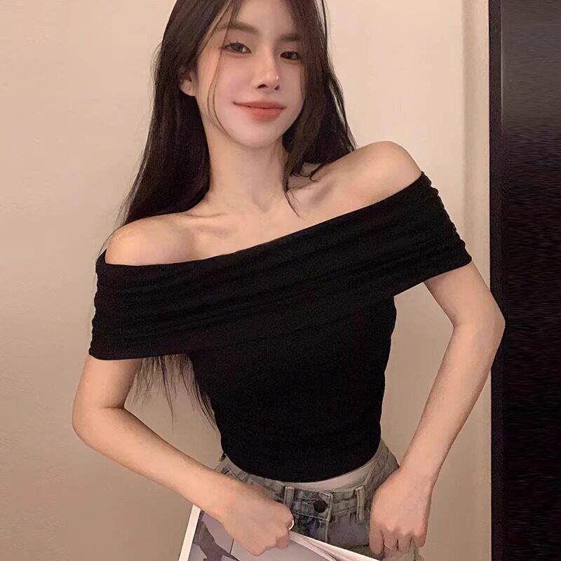 日系复古辣妹设计感一字肩短袖t恤女夏季露肩绝美性感紧身打底衫