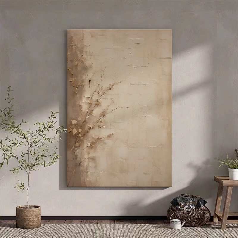 中古侘寂风纯无框画抽象梅花装饰画客厅莫兰迪色肌理画玄关挂画