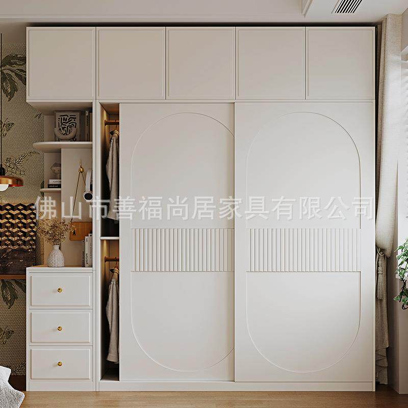 奶油风推型门-衣柜卧室白色简约现代小户家拉用滑移门物收储纳衣