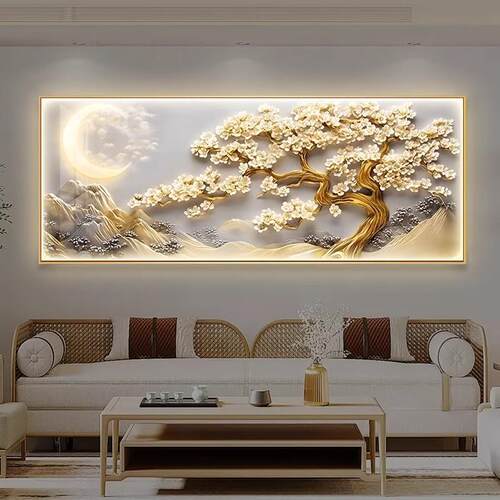 新中式发财树客厅装饰画轻奢高级感沙发背景墙大气挂画横版壁画
