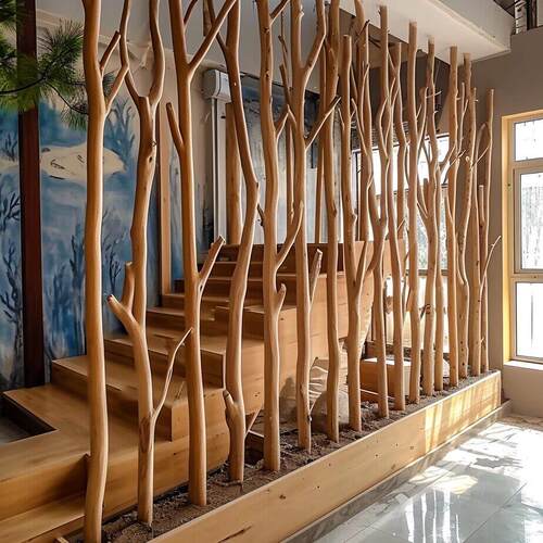 实木树干造型座屏室内楼梯装饰隔断定制展示屏风禅意遮挡屏风背景
