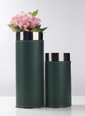 现代轻奢编织皮质花器样板房客厅餐厅桌面干花圆柱花瓶装饰品摆件